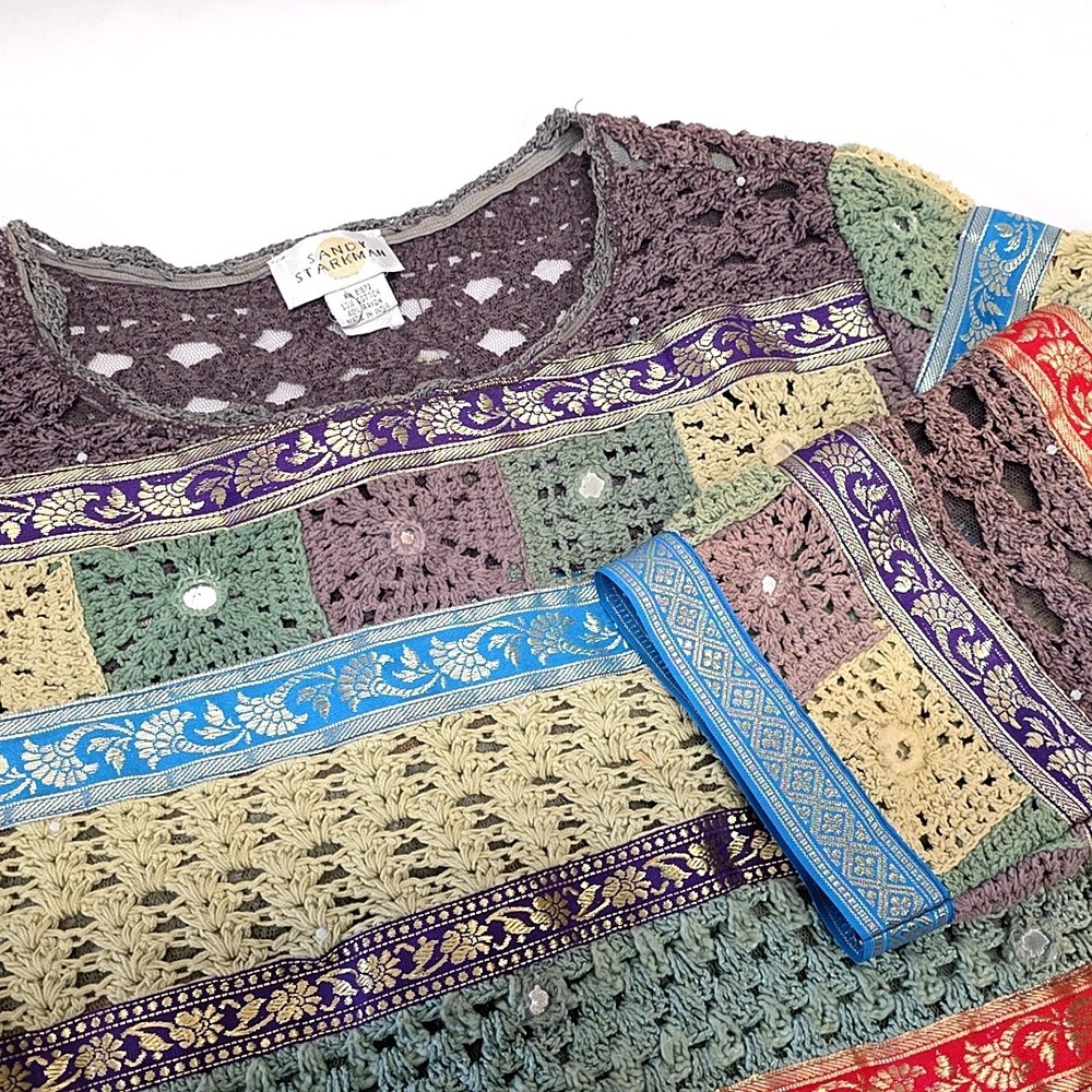 Sandy Starkman Crochet Knit Top Womens XL Multi Color Vintage Boho Ribbon Trim